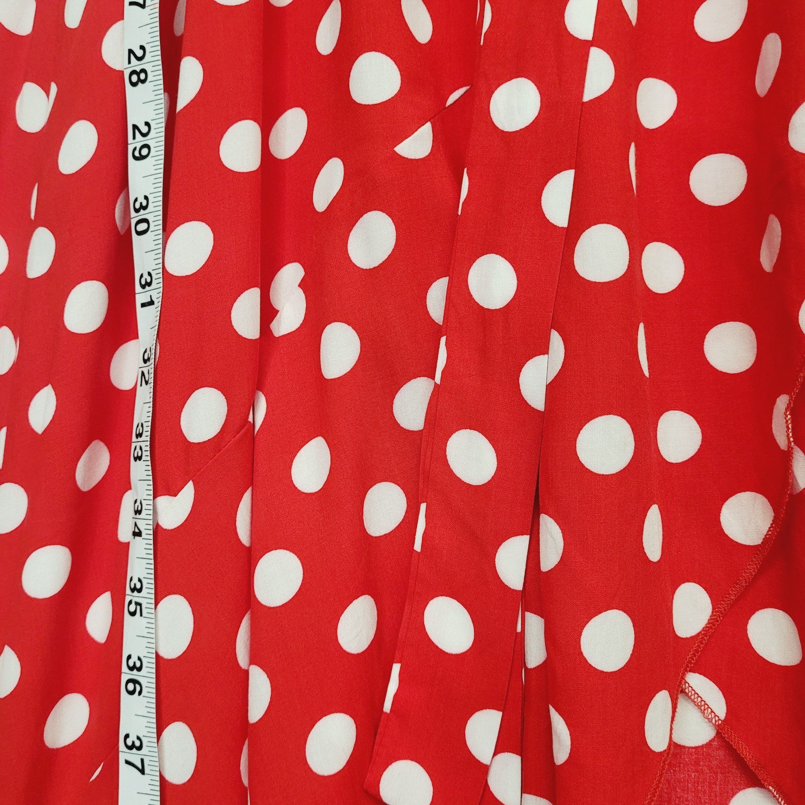 Red Polka Dot Faux Wrap Surplice Maxi Dress M Hi Low Ruffle Romantic Retro Femme