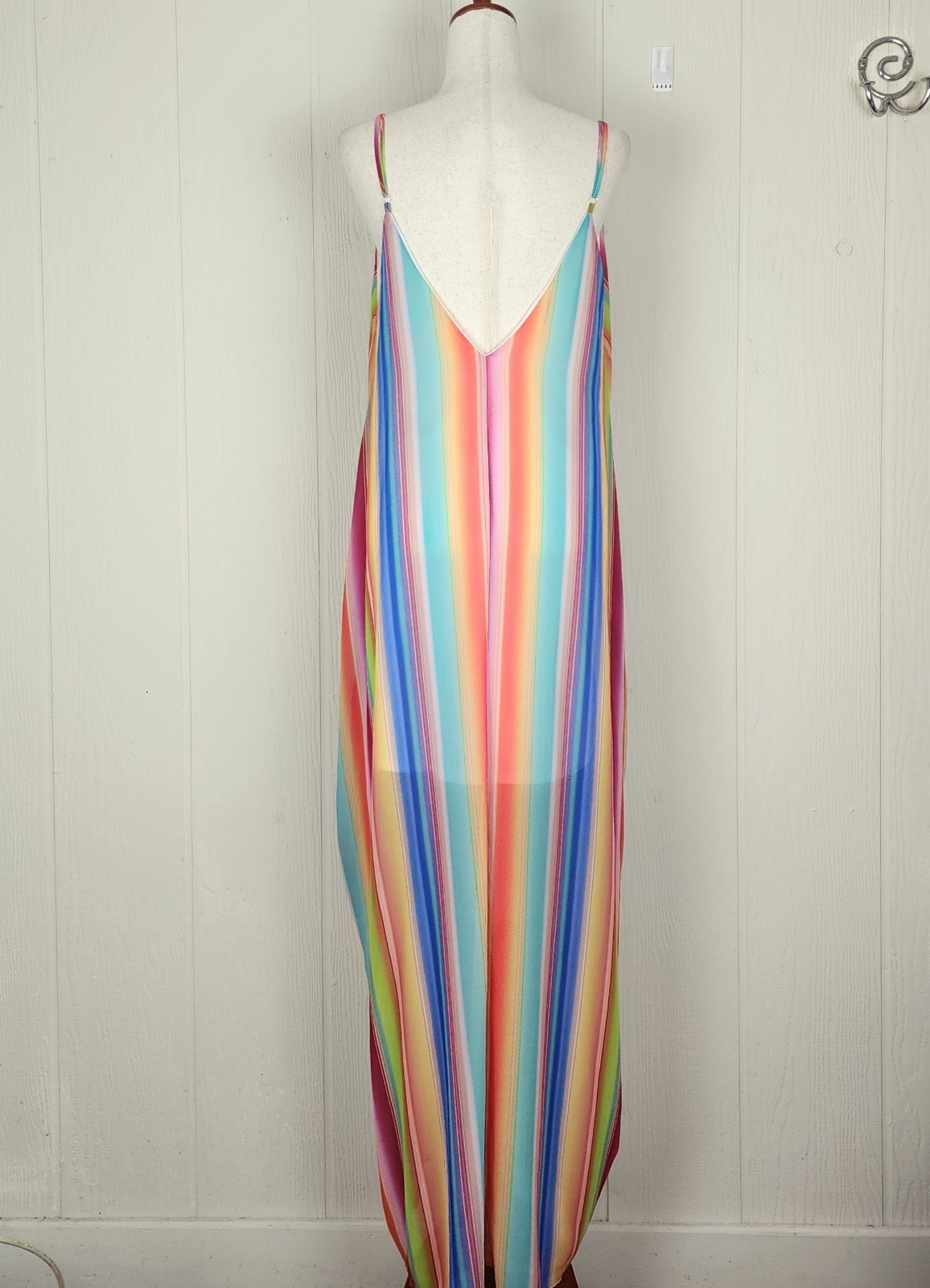 Fantastic Fawn Rainbow Strap Maxi Dress Size L Boho Pockets Lined Sundress Strip