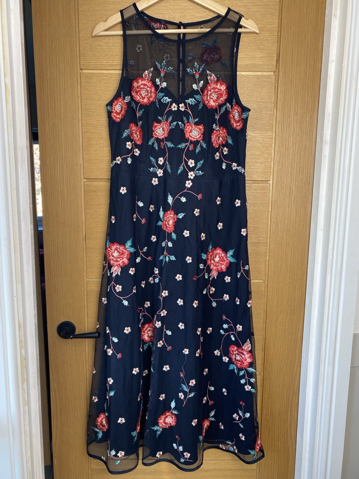 Monsoon Navy Floral Embellished Midi Dress Size 14 Excellent Condition Wedding