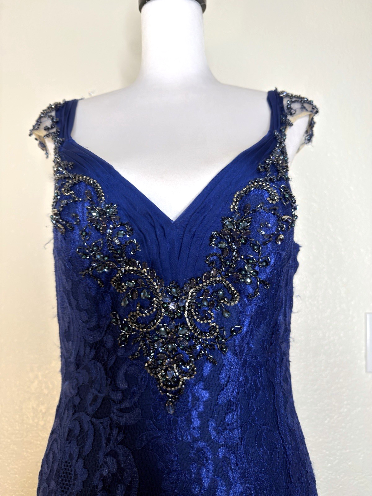 Mac Duggal Iridescent Ruffle Sequin Beads Ruffle Maxi Mermaid Lace 10 Blue Dress