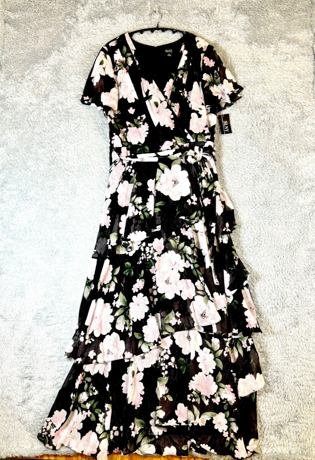 SLNY Women’s Multicolor Floral Printed Tie-waist Chiffon Maxi Dress Size 14