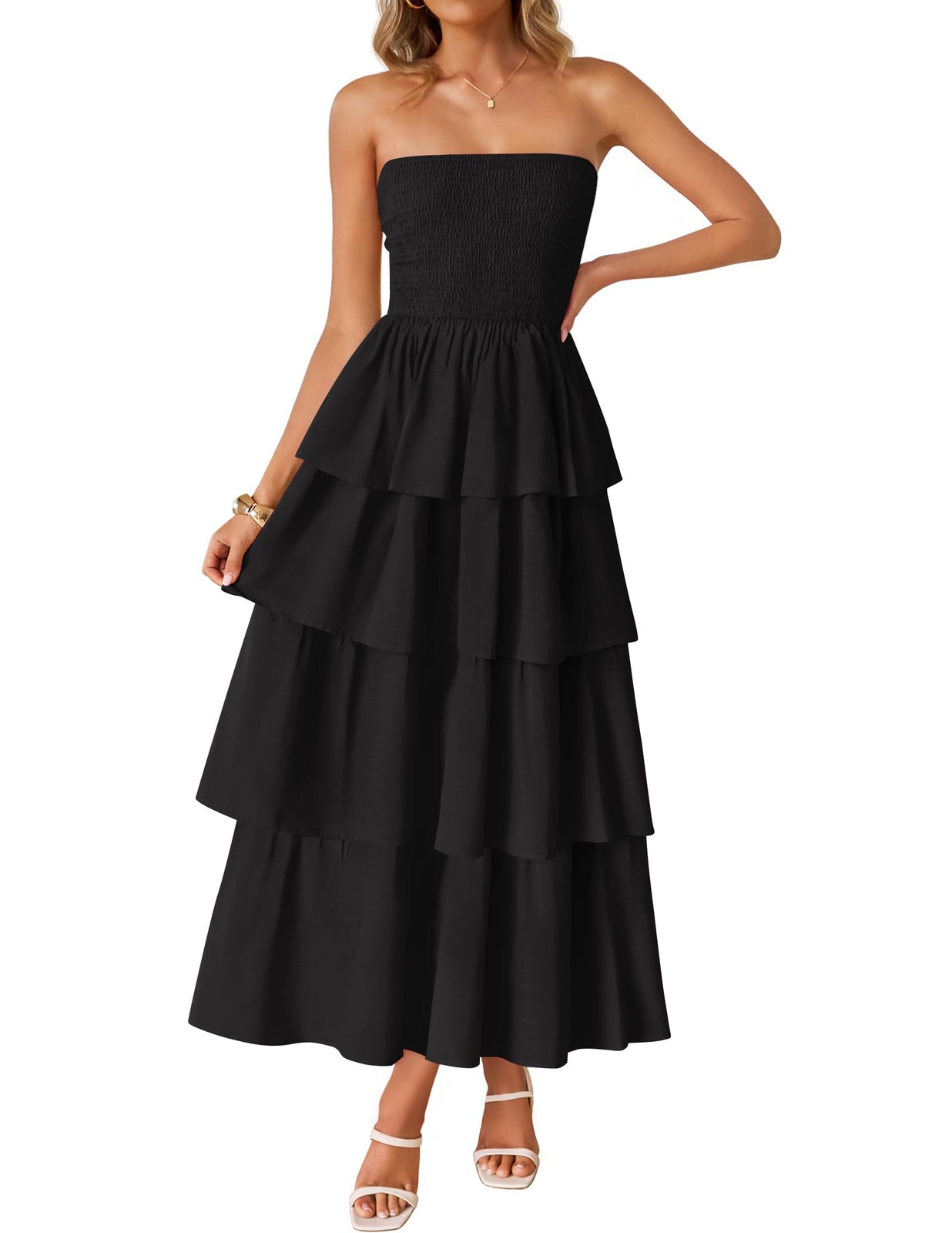ZESICA Women’s Maxi Dress 2026 X-Large Black Strapless Off Shoulder Smocked