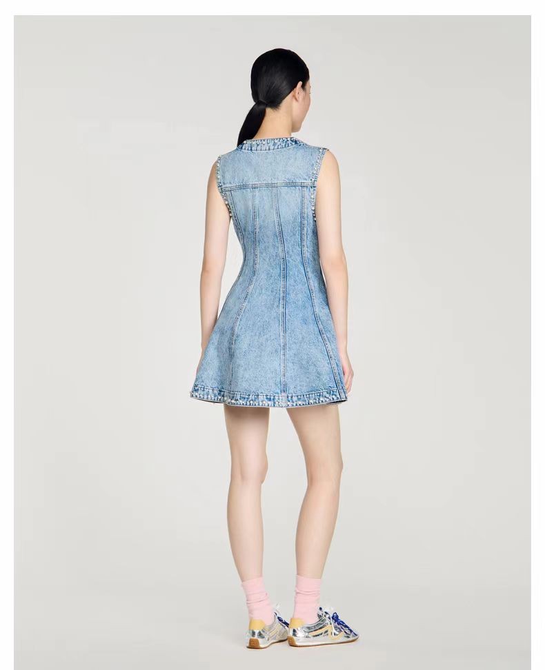 Sandro Ruffled edge V-neck Rhinestone Beaded Denim sleeveless Dresses Women’s