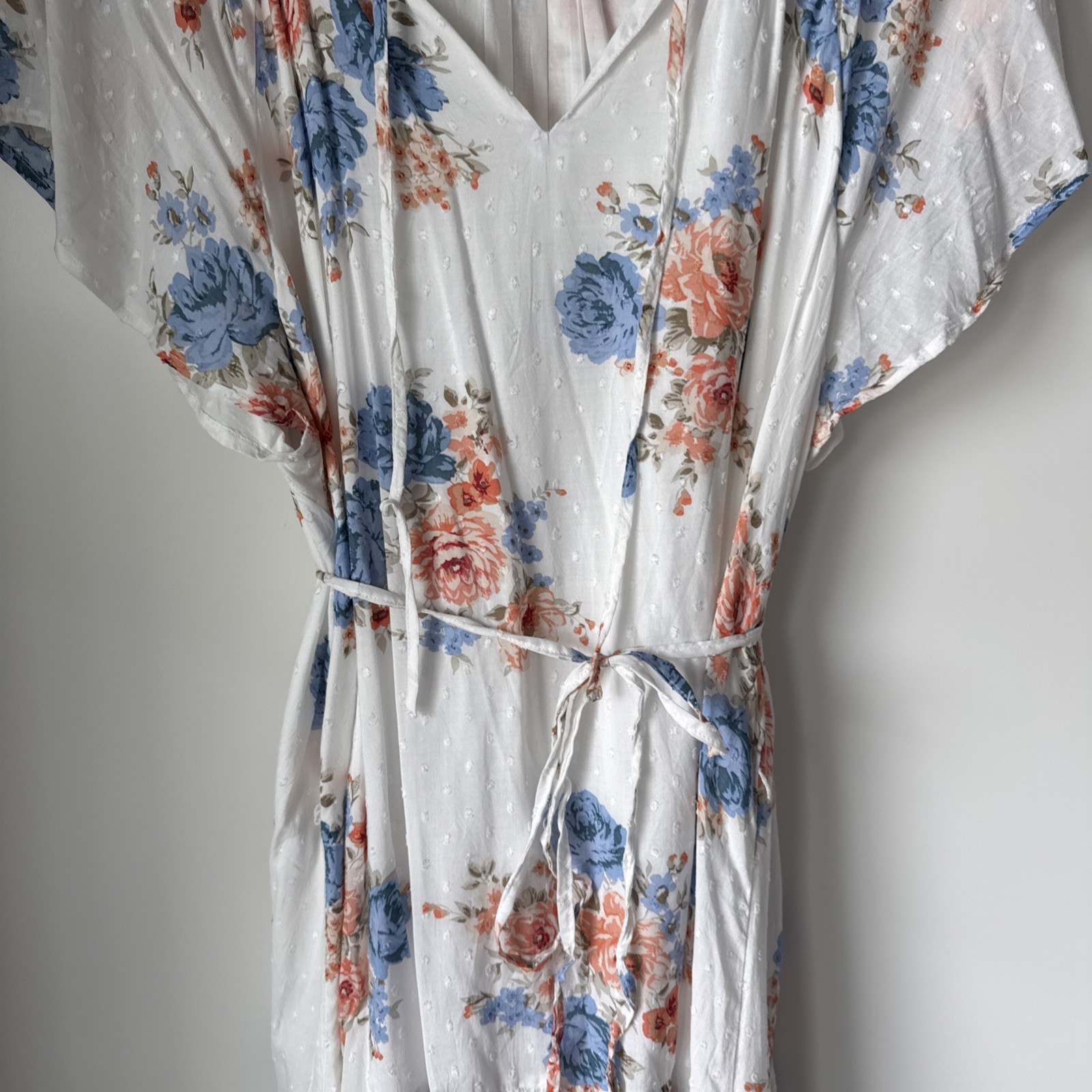 LOFT – White Floral Dress – XL – Lined – Orange and Blue Floral – Drawstring Ned