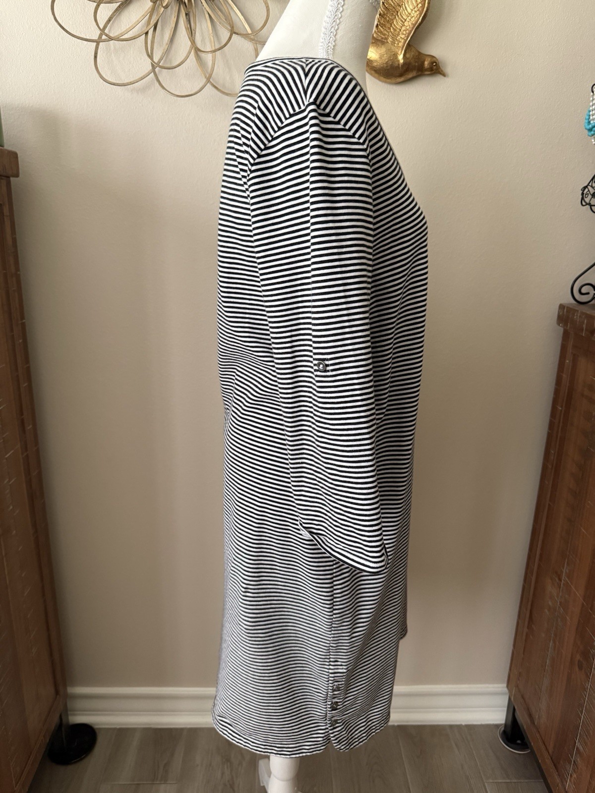 J Jill Perfect Pima Dress Medium Black White Striped 3/4 Sleeve Casual Knit