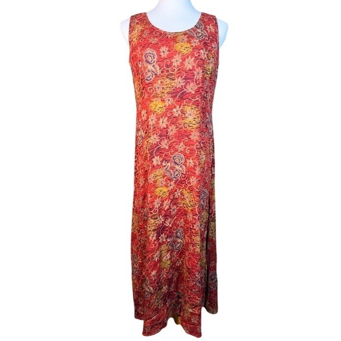 Karin Stevens Vintage Red Floral Rayon Maxi Dress Womens Size 6 Sleeveless Boho