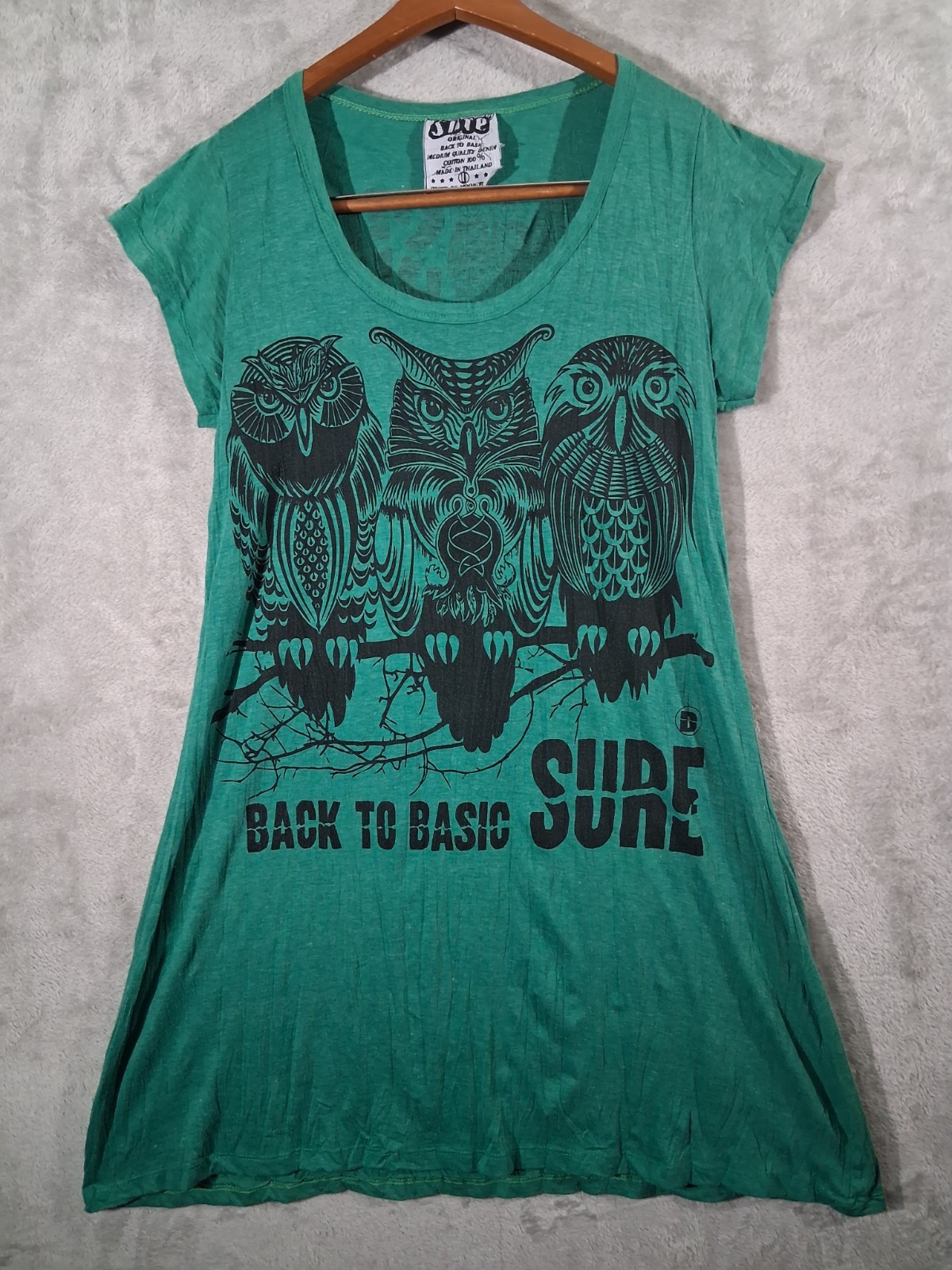 Sure Design Owl Graphic Tshirt Womens Green Boho Indie Cotton Top