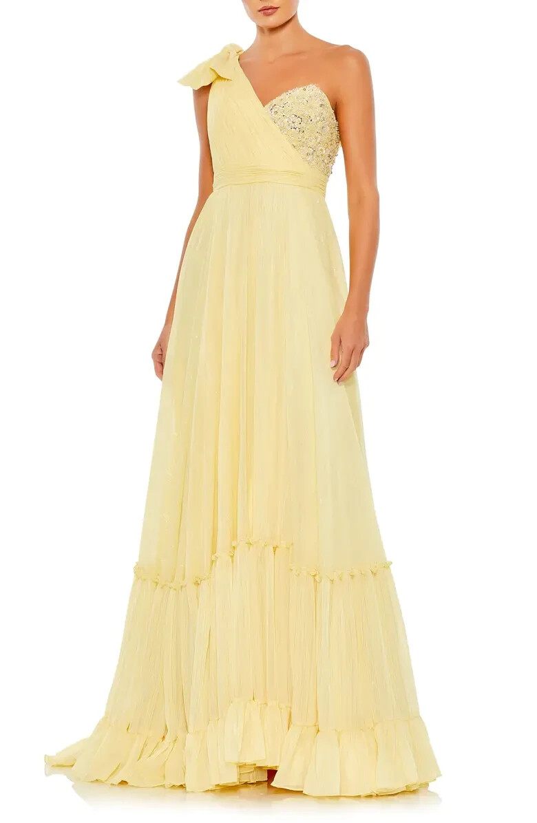 Mac Duggal Lemon Yellow Metallic Stripe Beaded One-Shoulder Gown Size 8 $598