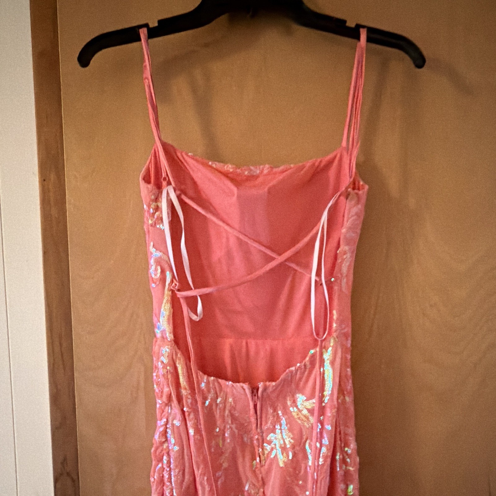 B. Darlin Pink Sequin Square Neck Backless Lace-Up Long Gown Size 9/10