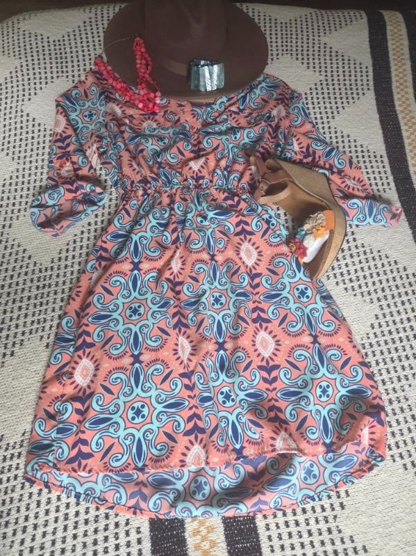 Geometric Paisley Pink/Blue Print 3/4 Sleeve Elastic Waist Midi Summer Dress S