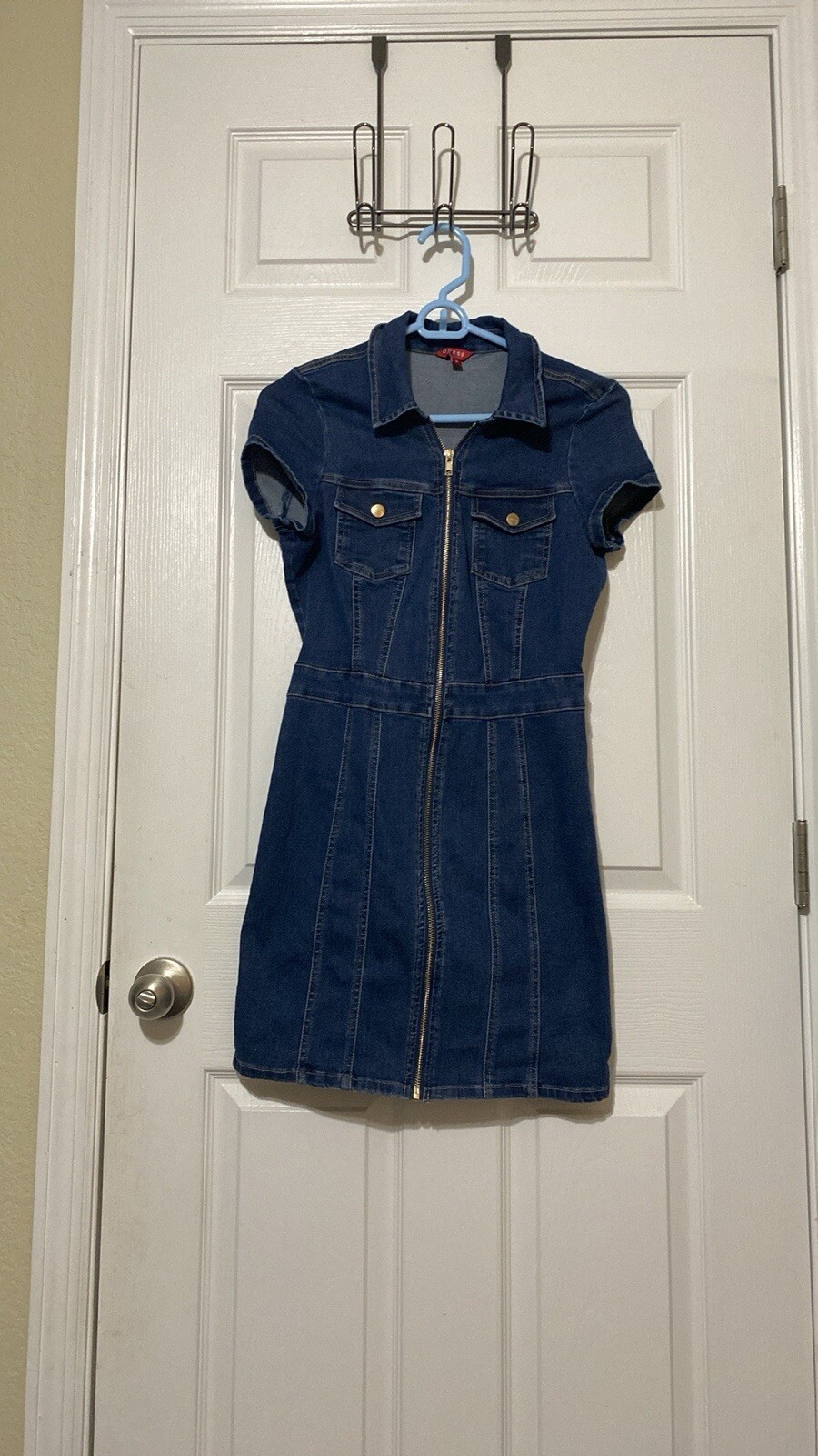 EUC Guess Denim Mini Dress Women’s medium Dark Blue Denim Kaori Moto Front Zip