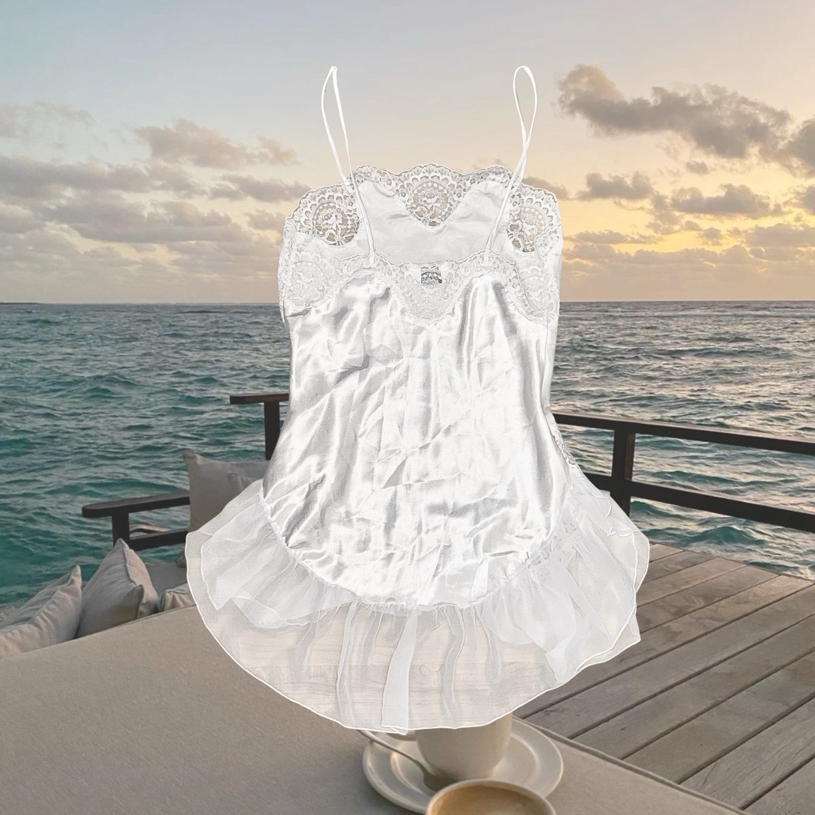 Vintage Y2K 90s Summer Party Cottage Silky White Satin Lace Ruffle Slip Dress