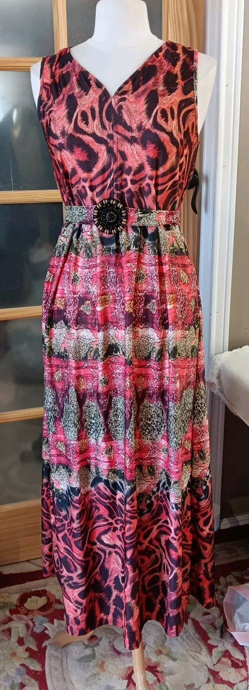 Animal Print Maxi NF Free Size Dress Sleeveless Attached Belt V-Neck Tribal