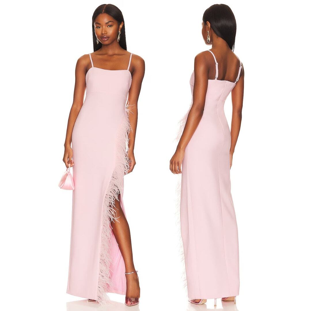 Likely Nelly Gown Maxi Dress Jersey Side Slit Feather Dainty Fairy Coquette Sz 0