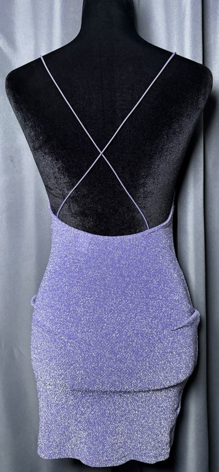 Divided Purple Glitter Backless Strappy Bodycon Mini Dress, Square Neck