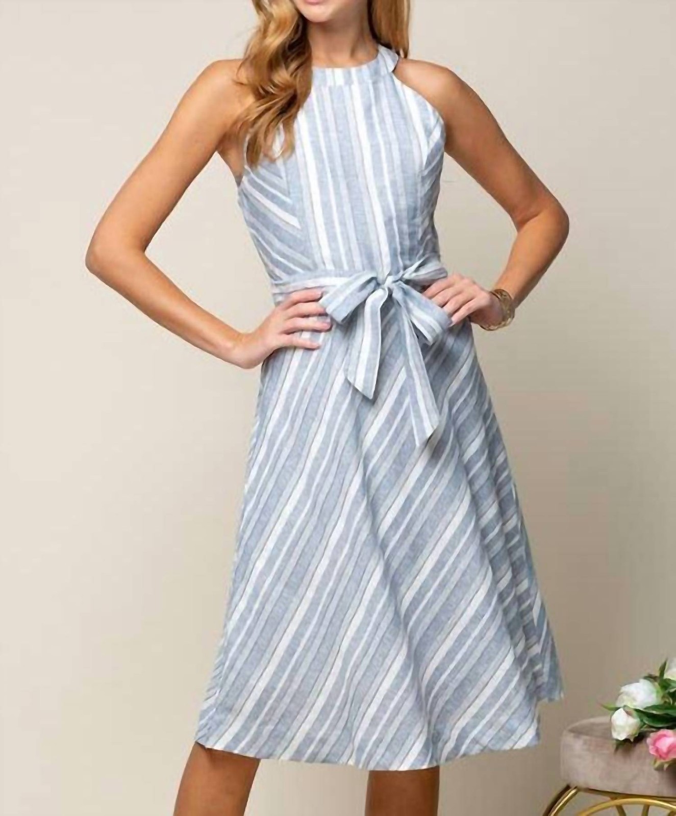 Doe And Rae Halter Neck Multiple Stripe Midi Dress Size L