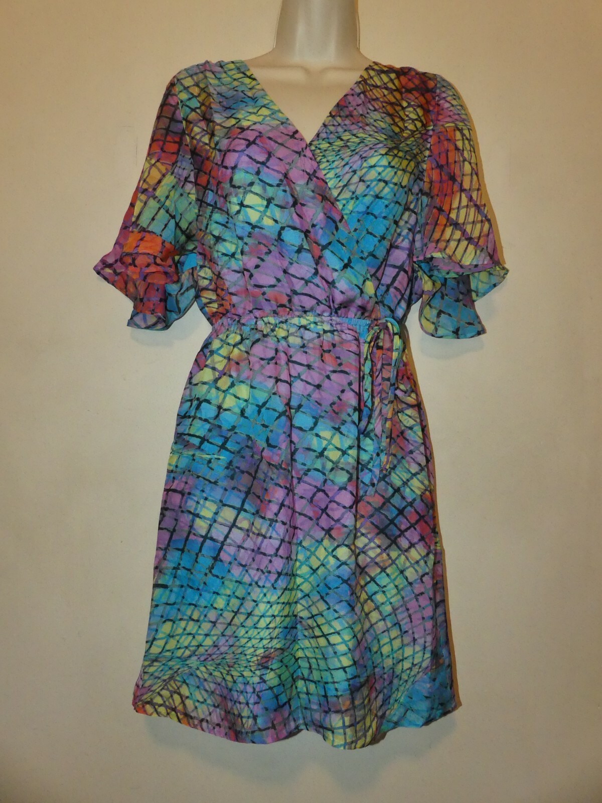 Presley Skye flutter sleeve faux wrap silk dress size XS multicolor print NWT