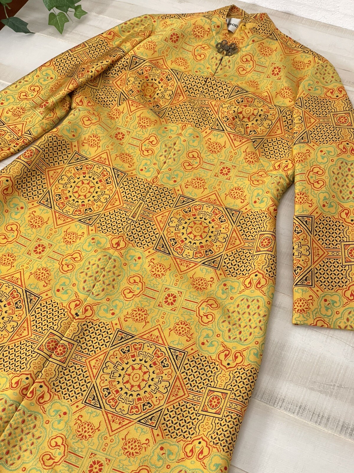 1960s ADELE SIMPSON Yellow Silk Blend Jacquard Chinese Inspired Dress VTG Rare