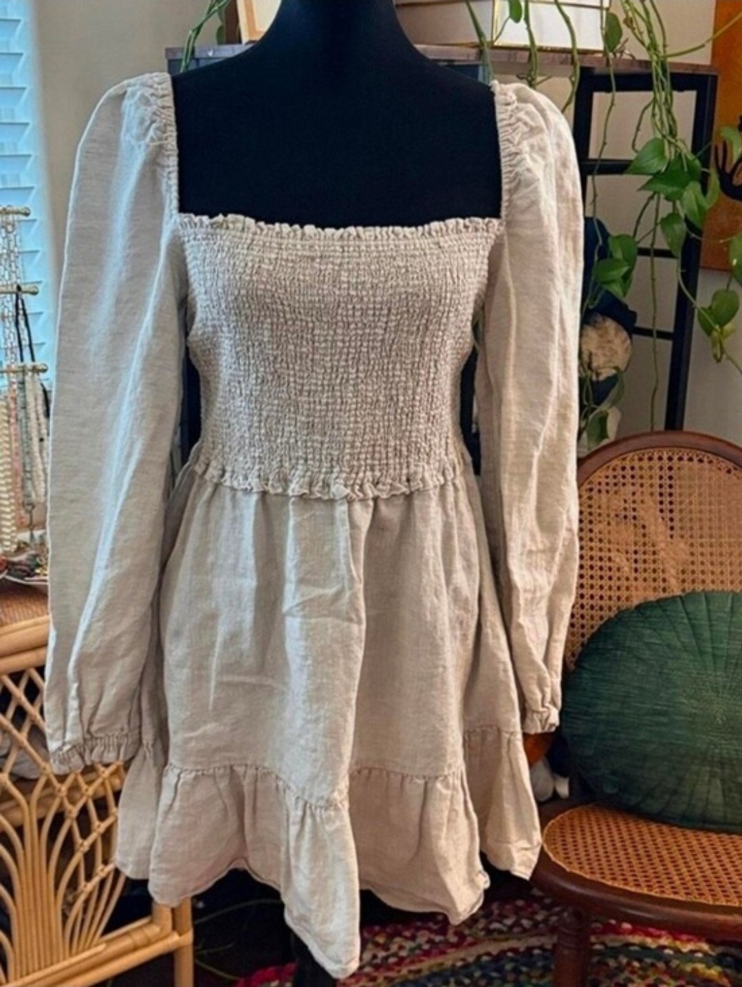 Aritzia Wilfred Women’s Tempest Linen Mini Dress Oatmeal Smocked Tiered – Small