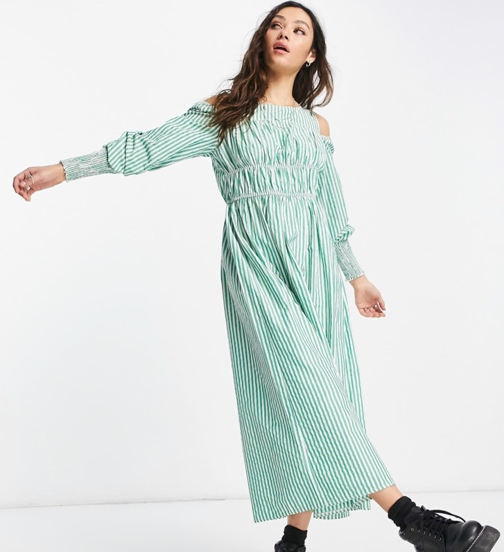 Topshop Cotton Stripe Poplin Midi Dress Women’s Size 12 Green & White