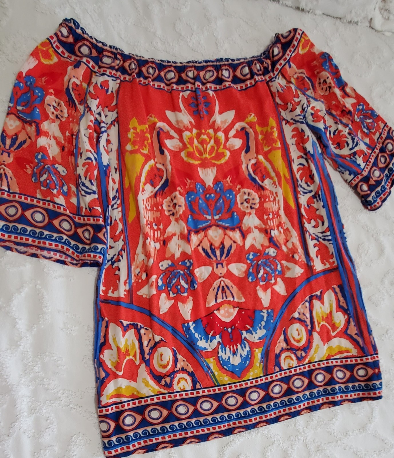 Flying Tomato Boho Off The Shoulder Shift Dress In A Vibranth Red Floral Size M