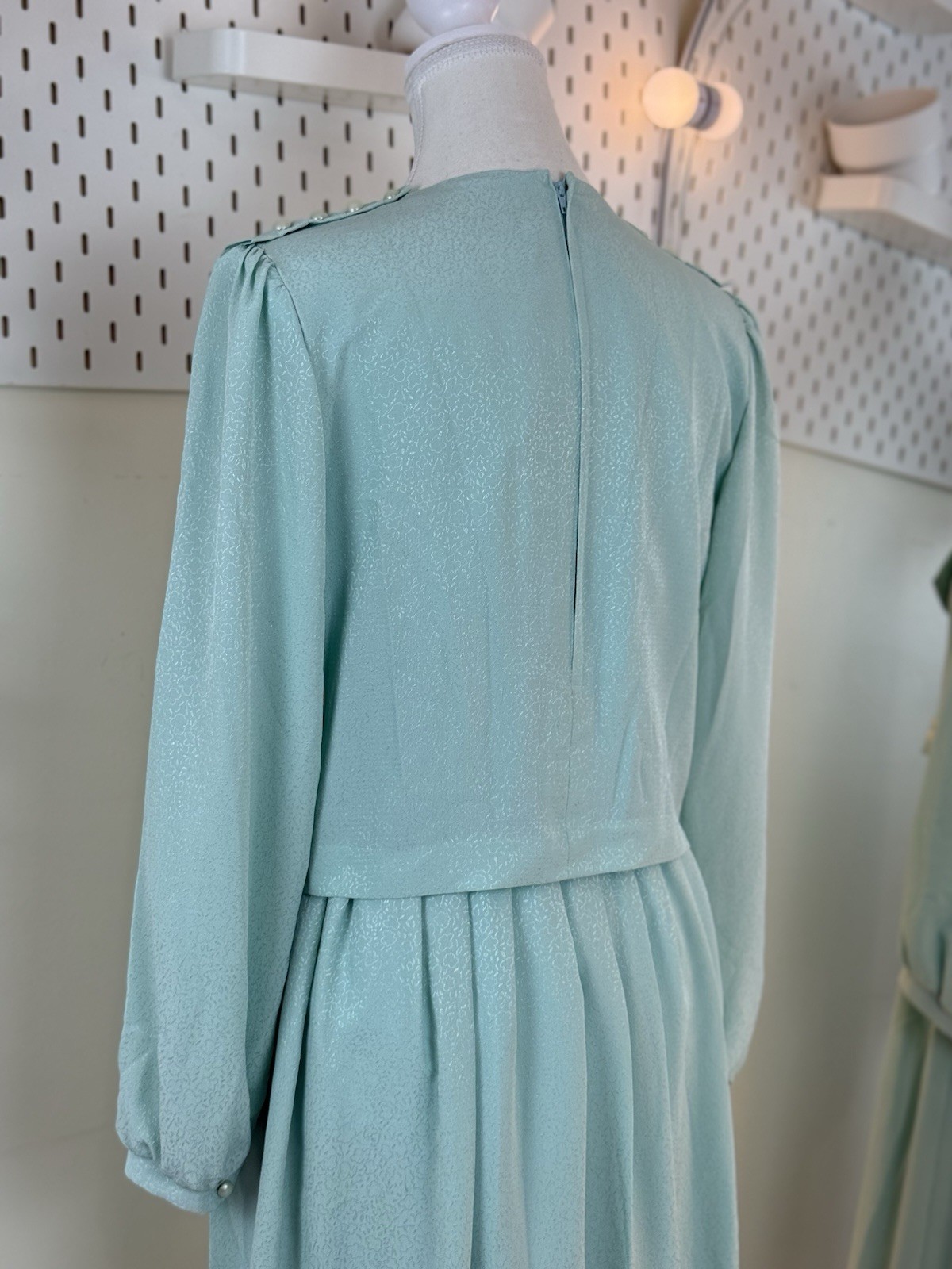 Fransoise Bow Neck Midi Dress Long Sleeve Pearl Button Detail Pleated Skirt
