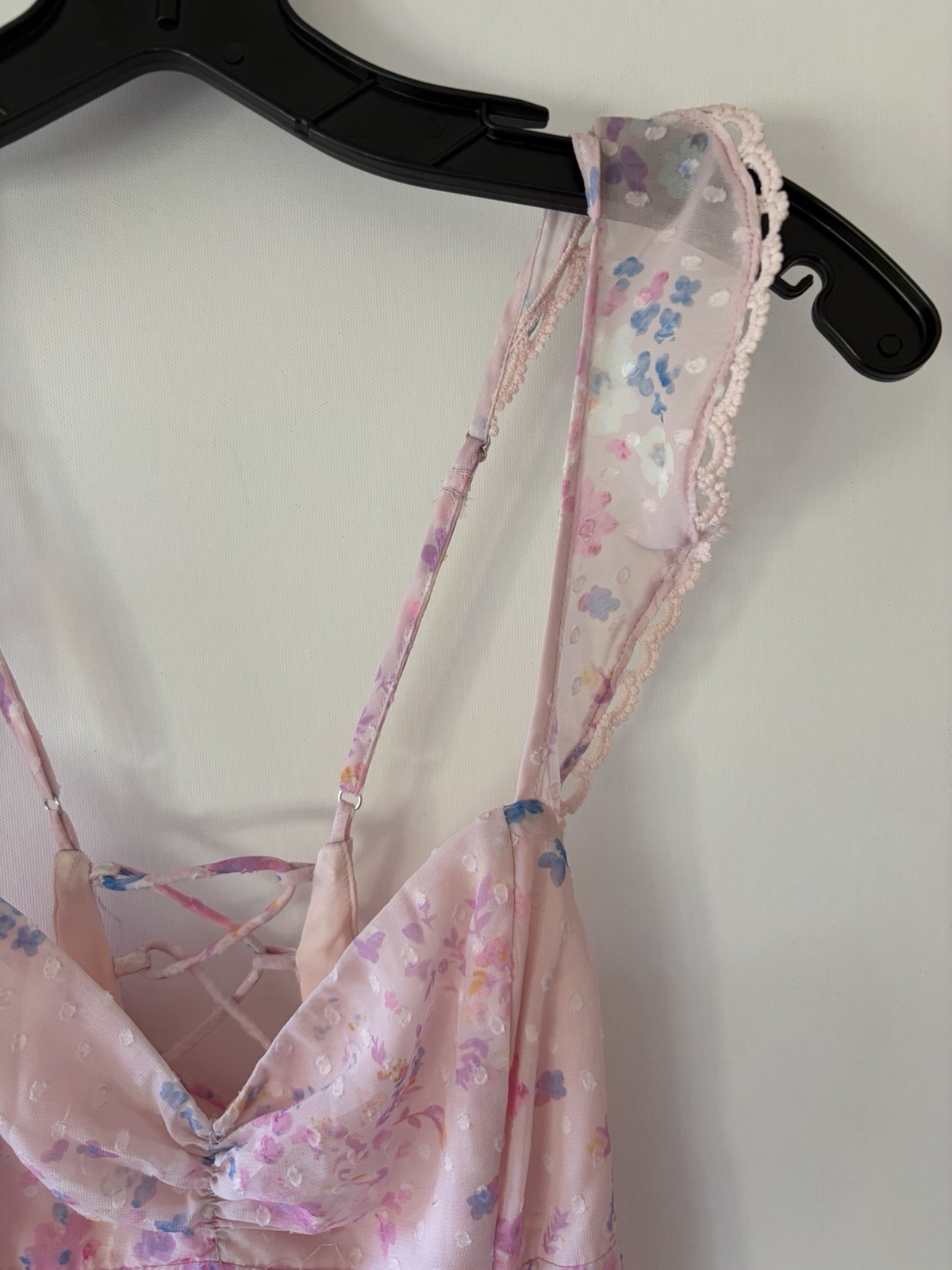 Lucy in the Sky Pink Floral Dotted Ruffle Dress Lace Up Back Mini M fits XS/S