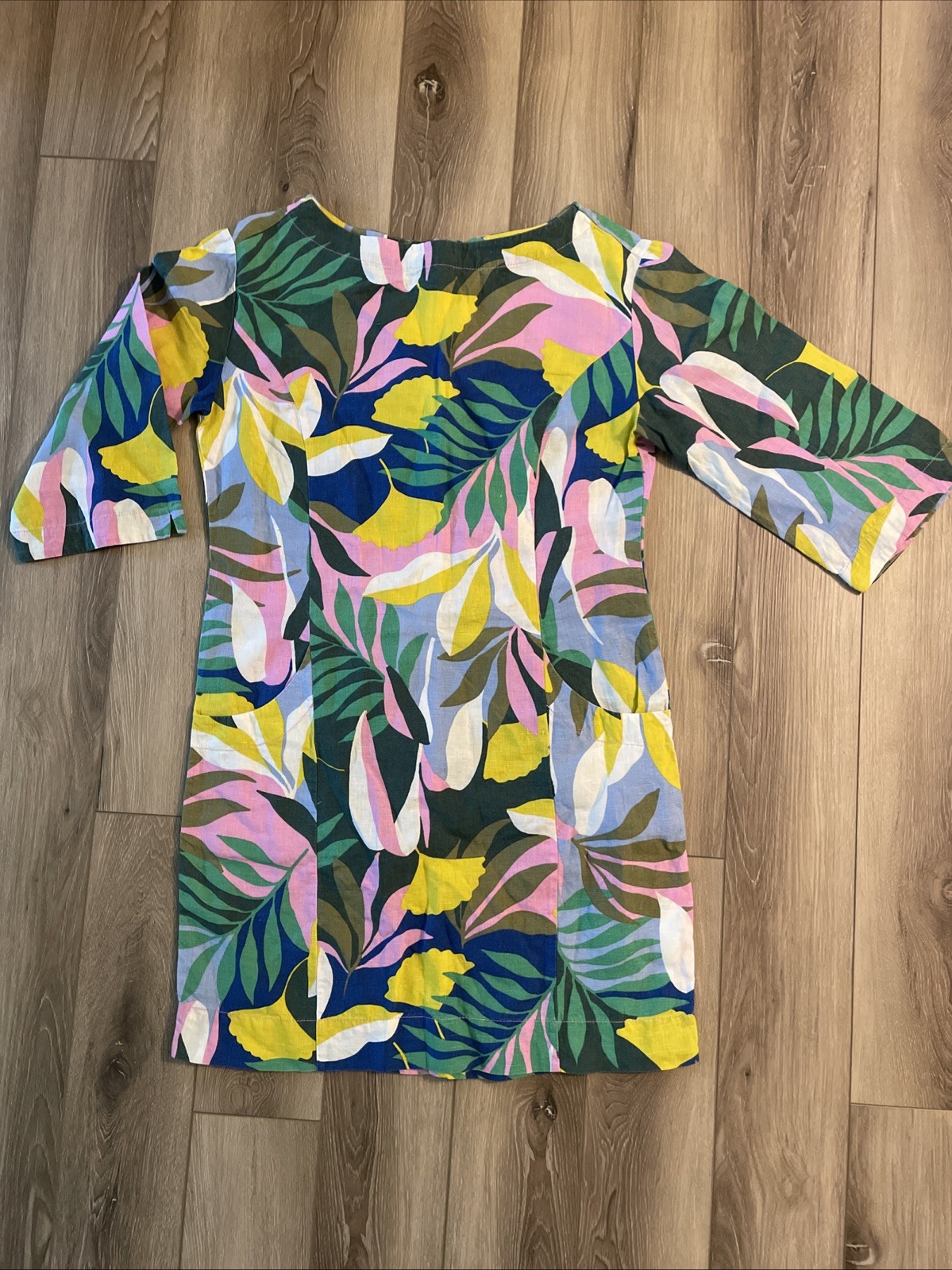 Boden Womens 100% Linen Tropical Floral Shift 3/4 Sleeve Dress Green Pink US 6R