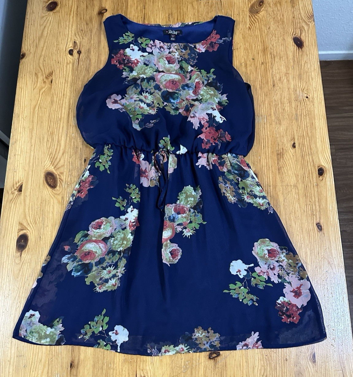 BeBop Blue Floral Chiffon Sleeveless Mini Dress Elastic Waist Size M Boho flowy