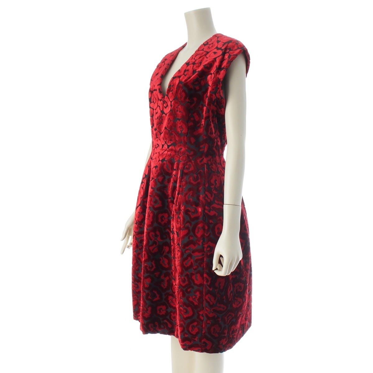 PRADA 2008 Velor flower jacquard one piece dress Red 40