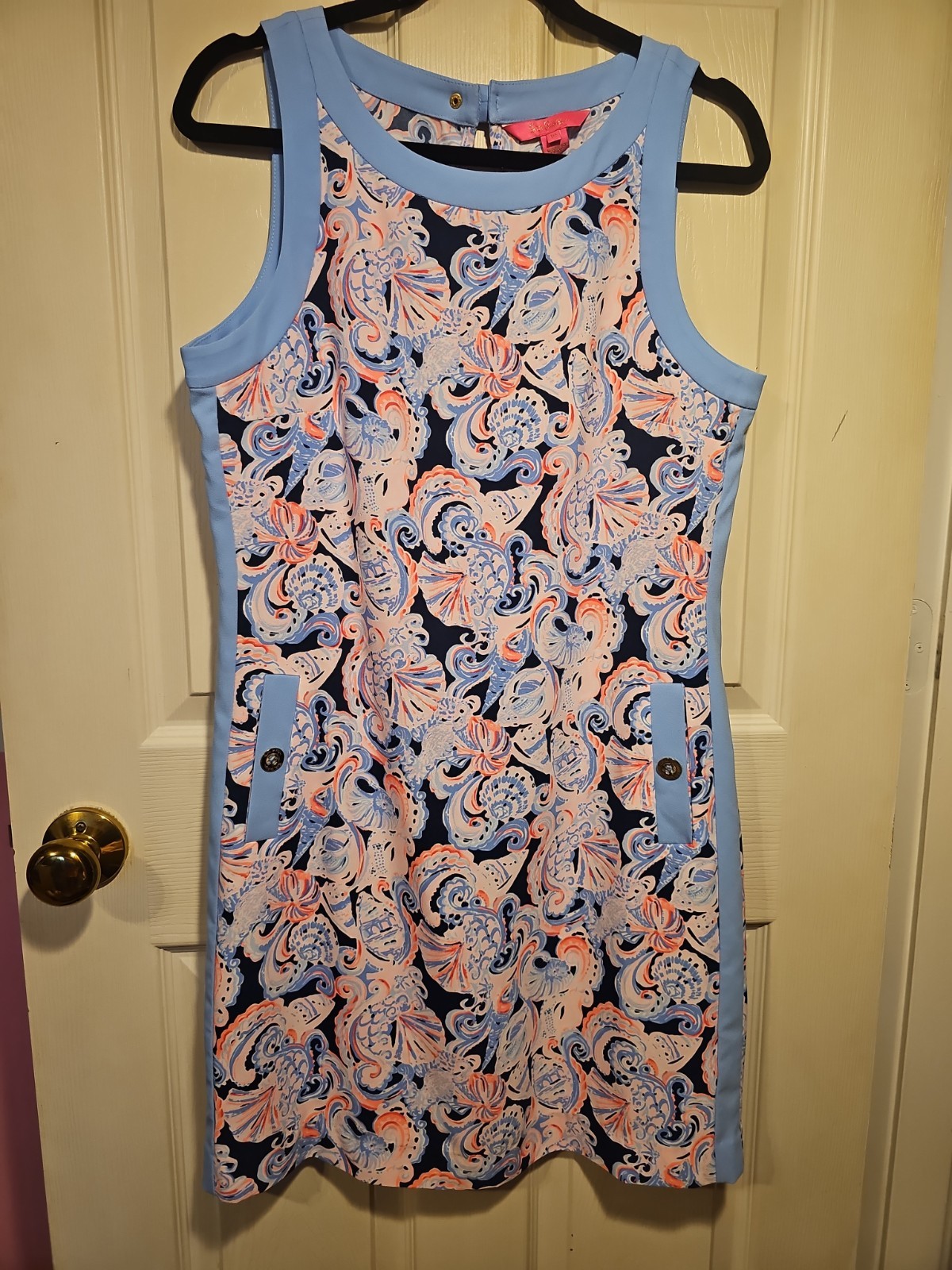 Lilly Pulitzer It’s For Shore Light Blue Navy Coral Sleeveless Sheath Dress 10