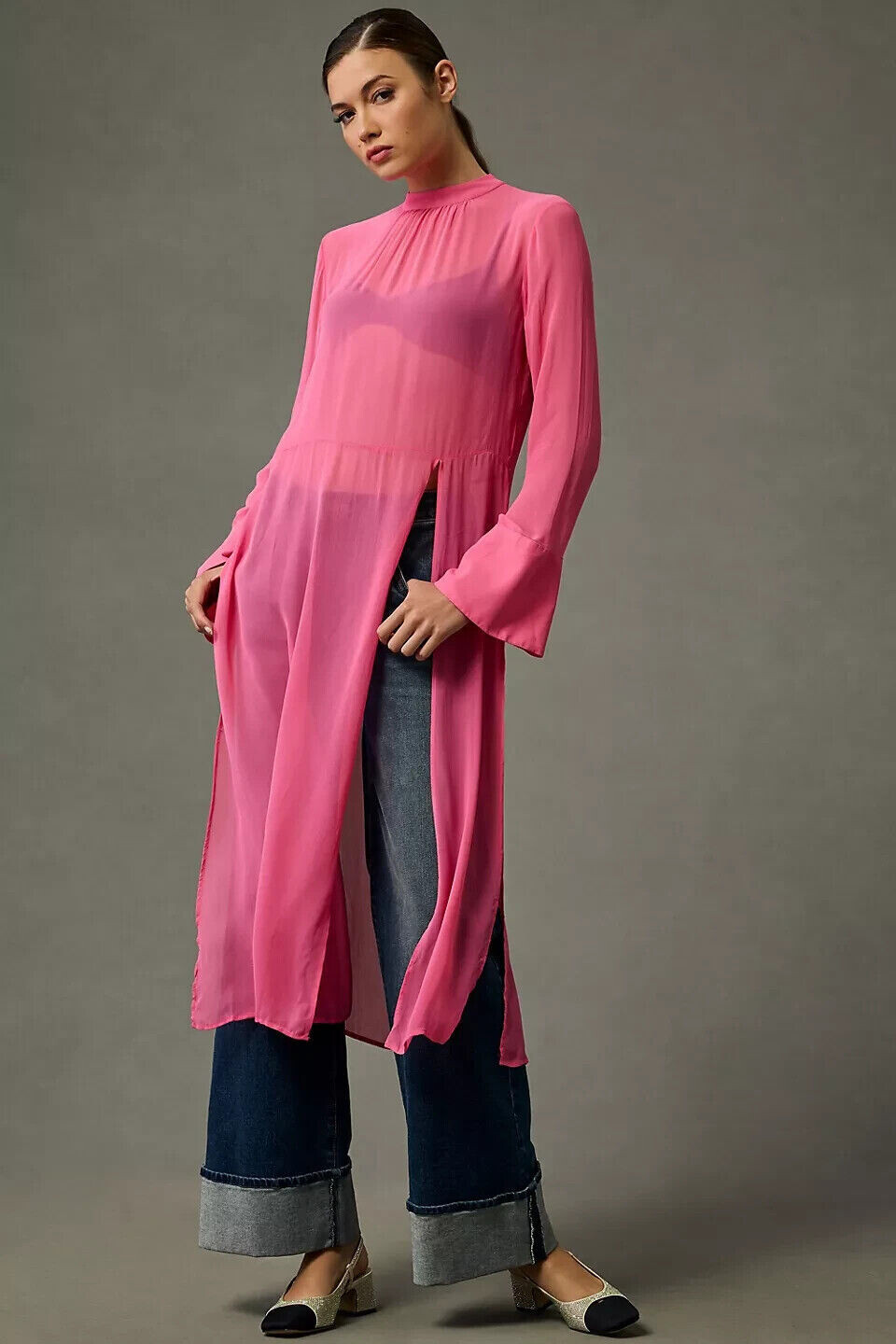 Anthropologie Long-Sleeve Sheer Tunic Dress Pink Bell Sleeve M NWT Medium New