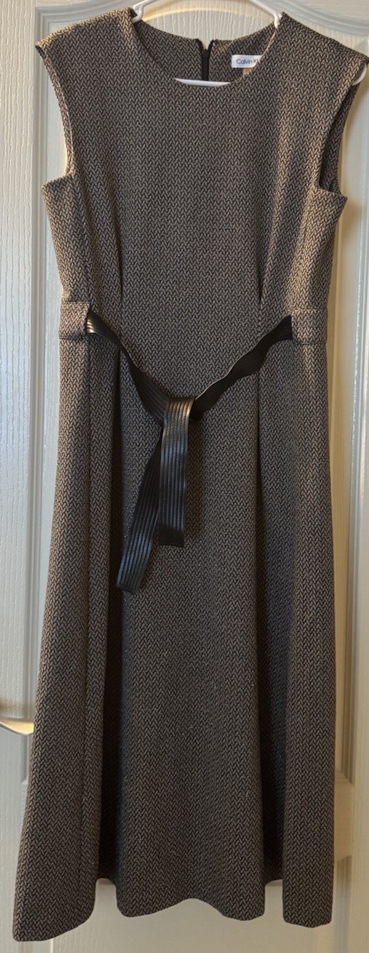 Calvin Klein Size 4 Cap Sleeve Dress W Leather Belt & Metalic Threads