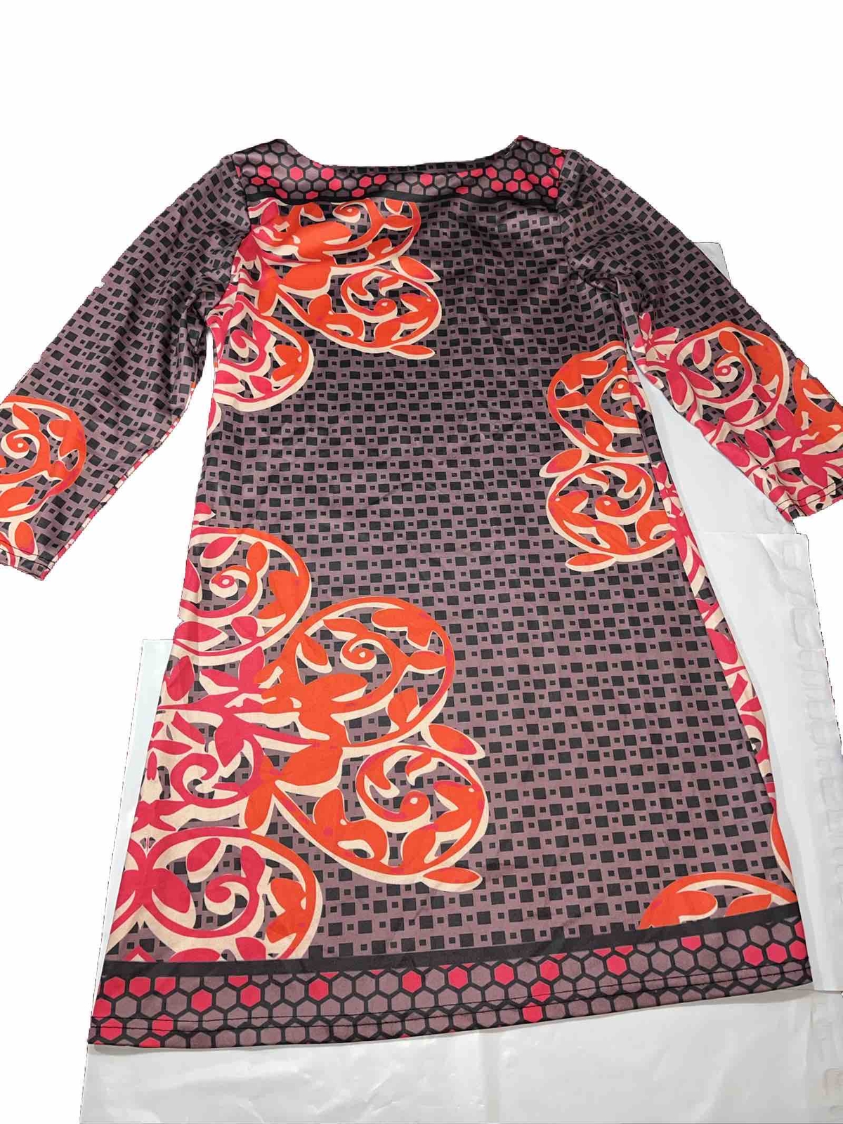RADZOLI Orange Black Dress Midi Geometric Long Sleeves Floral Shift Womens Large
