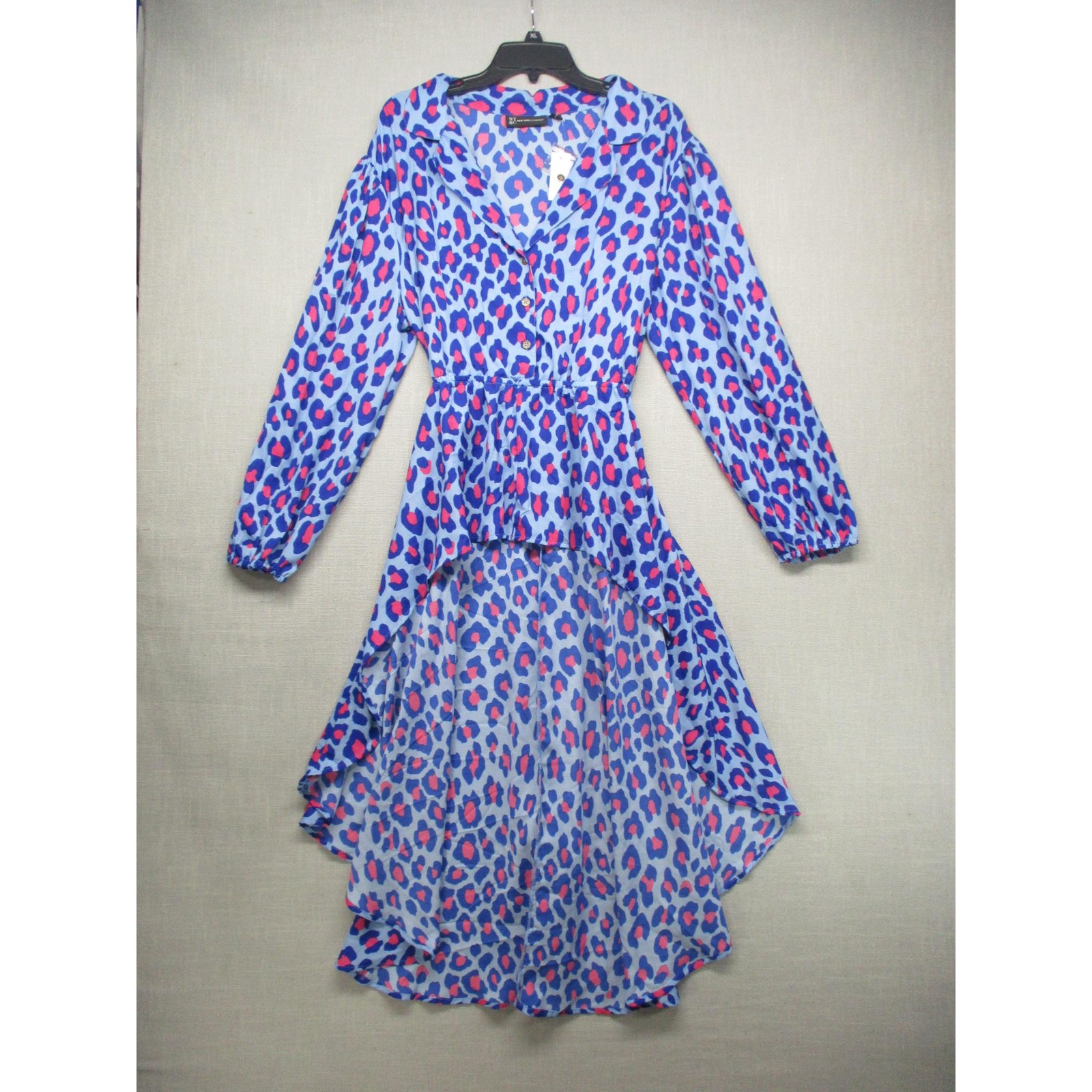 NWT NEW YORK COMPANY Blue Pink Leopard Print Collared High-Low Dress Size XXL