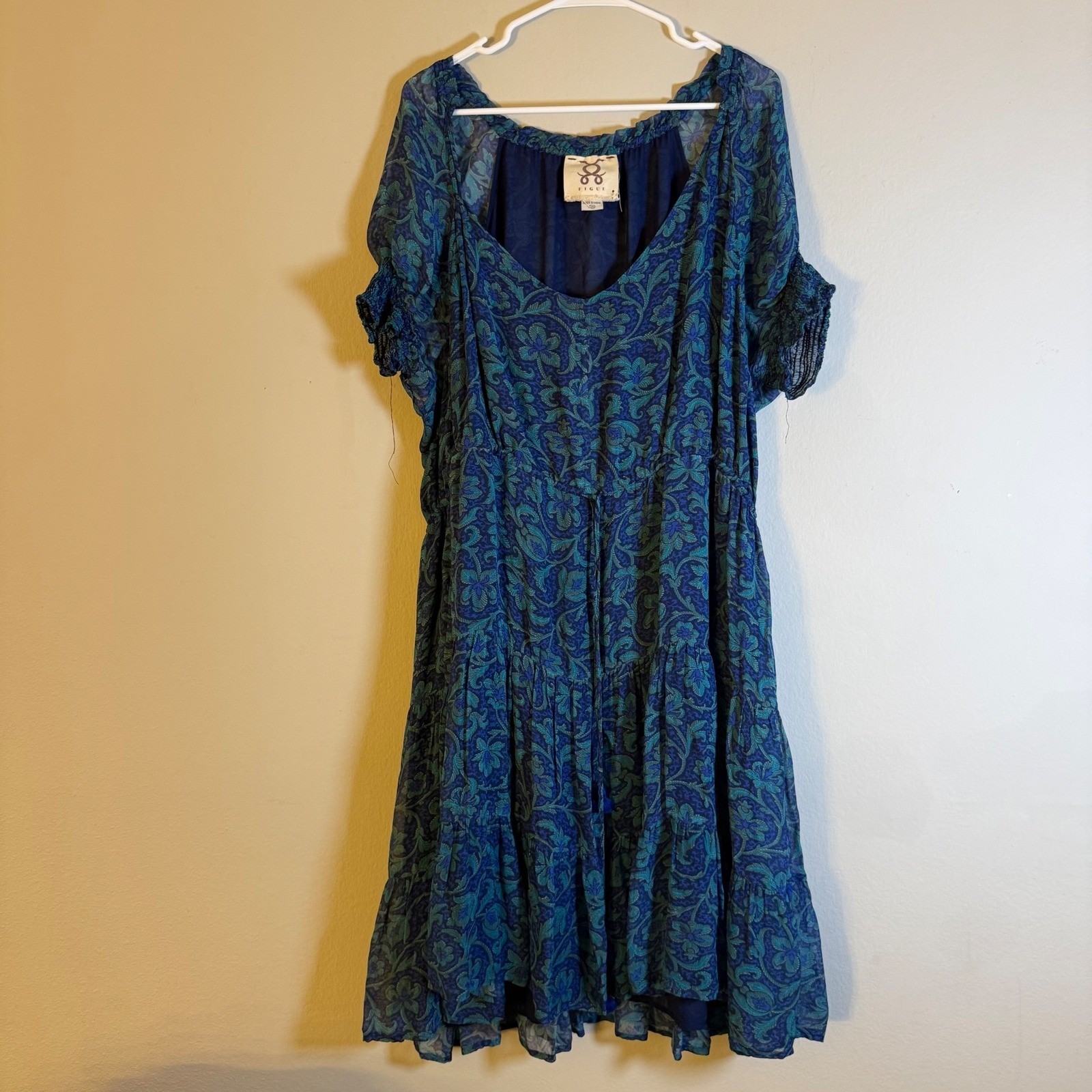 Figue Women XXL Blue Paisley Silk Blend Tiered Midi Dress Smocked Short Sleeve