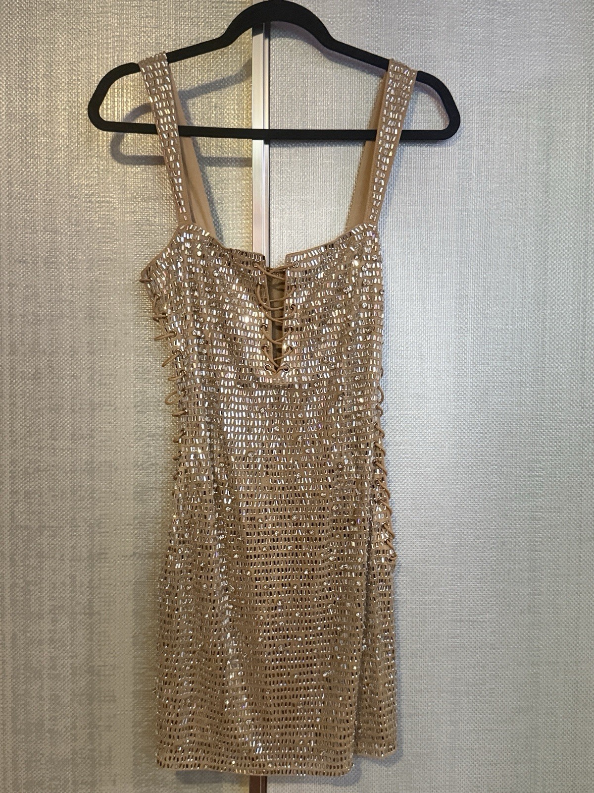 Banjul Beige Mesh Sequin Beaded Square Neck Lace Up Mini Dress, Size S