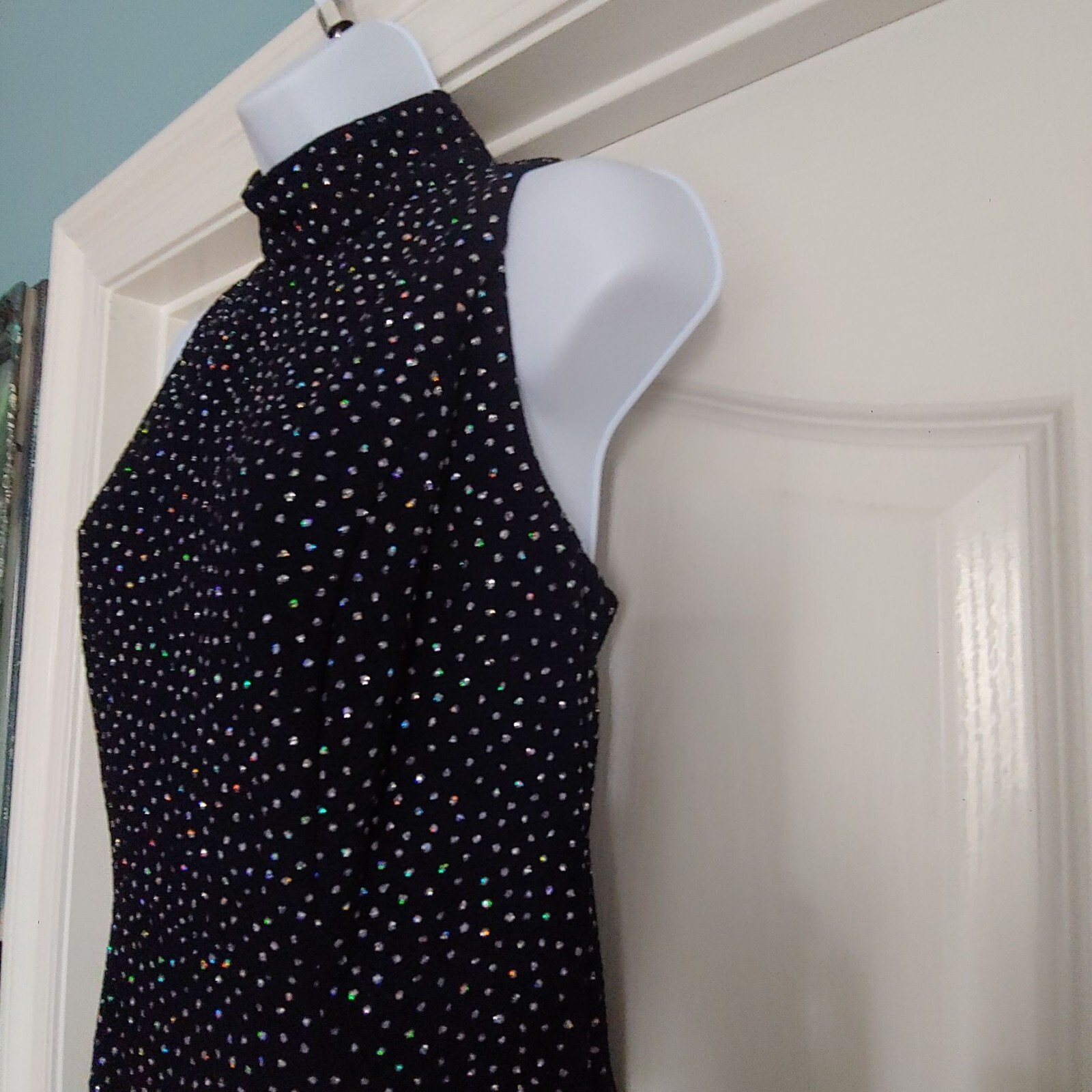 Cache Allover Crystal Rhinestone Evening Sparkly Sleeveless Mock Neck Maxi Dress