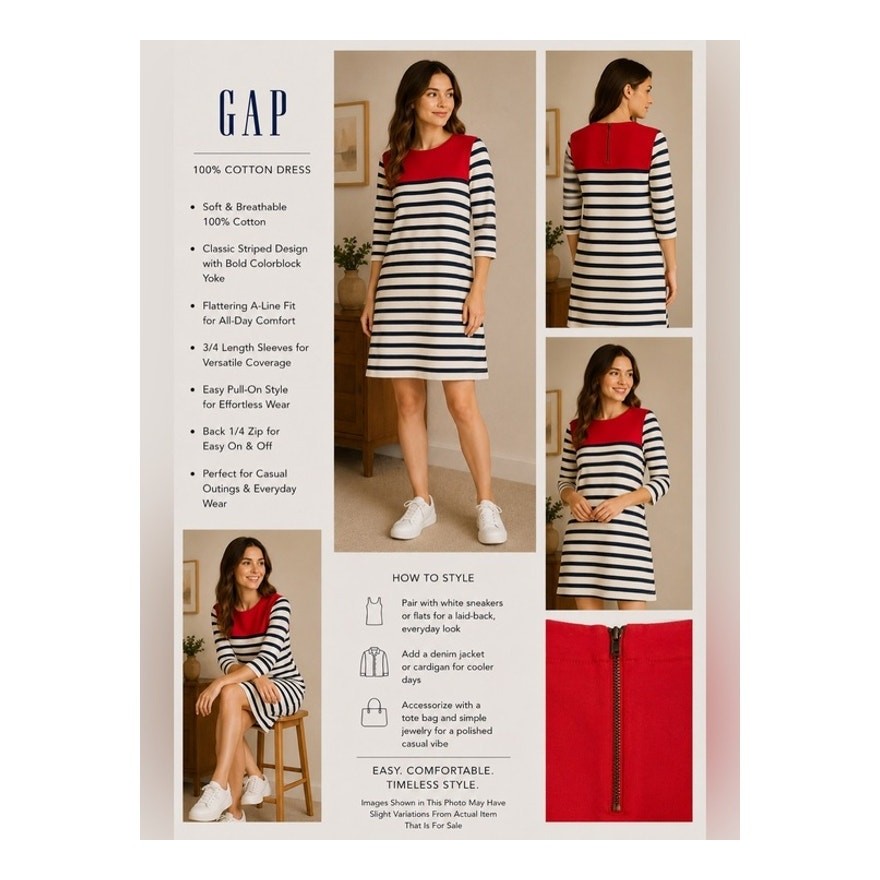 GAP Dress Womens Size M Red Blue White Stripe Tunic Cotton Boatneck Back Zip