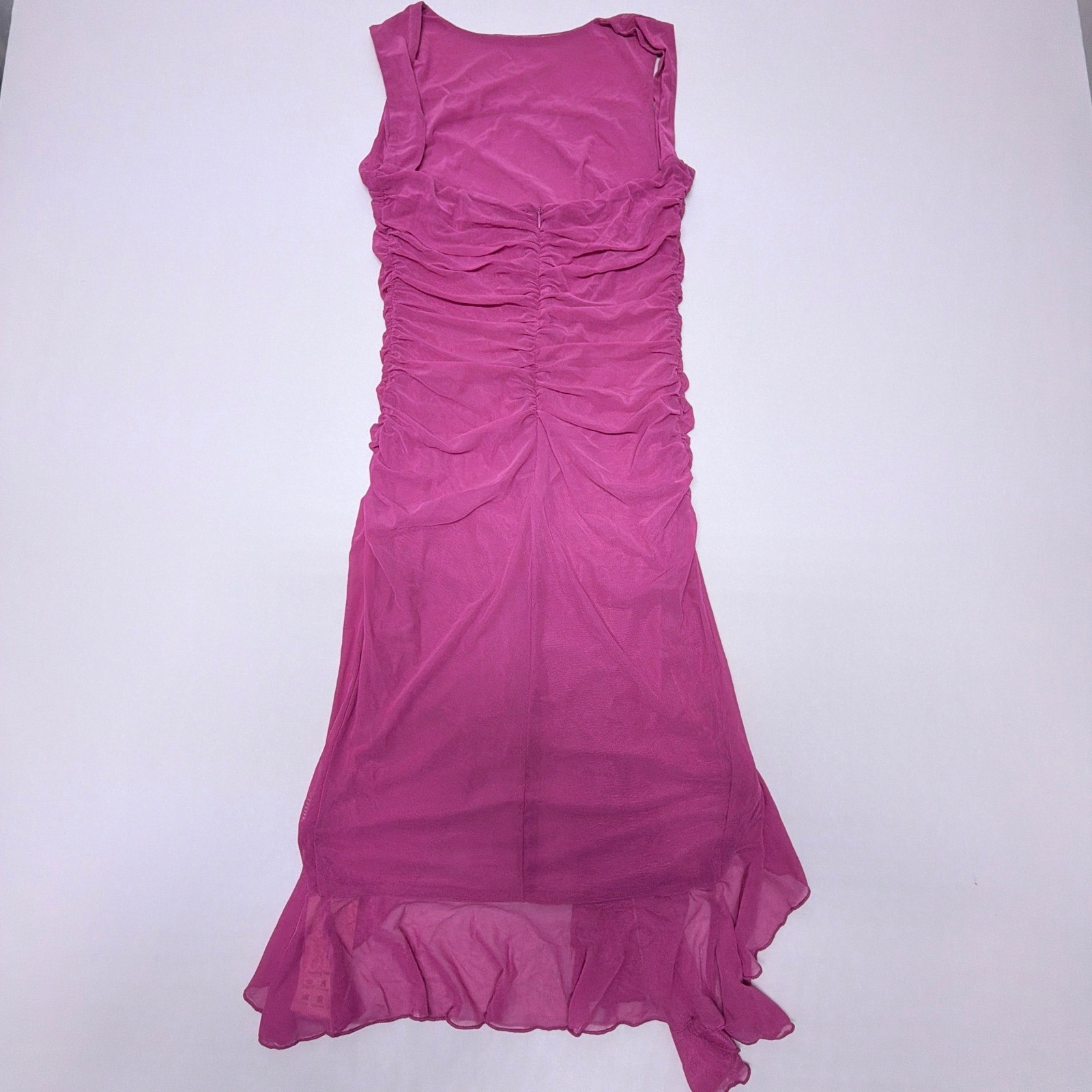 Sheseeworld Fuchsia Pink Ruched Mesh High Low Ruffle Bodycon Dress Large NEW