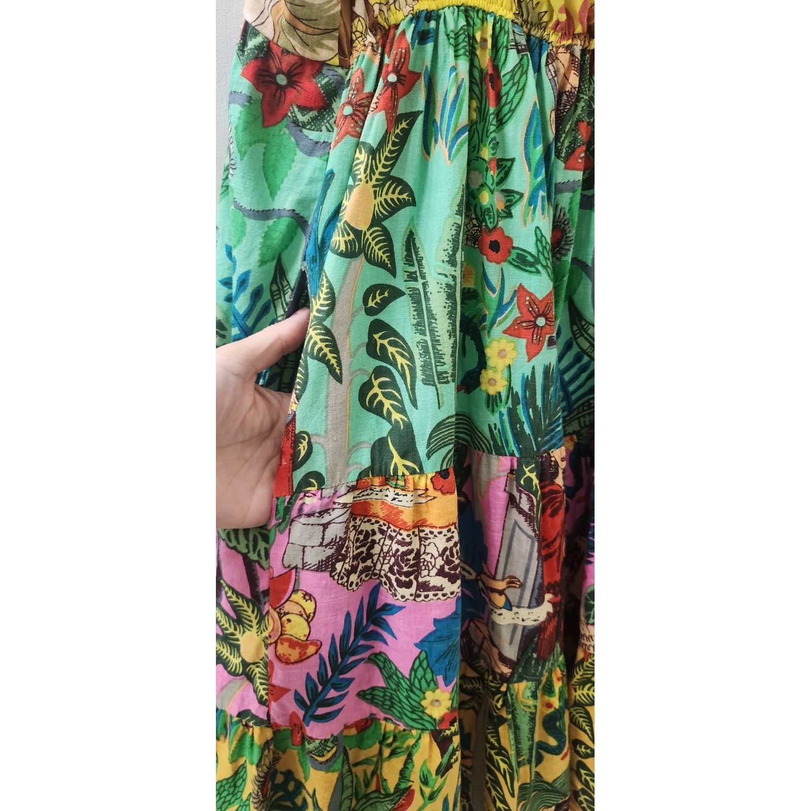 Miss G Tropical Patchwork Ruffle Tiered Midi Dress Yellow Floral Square Neck L
