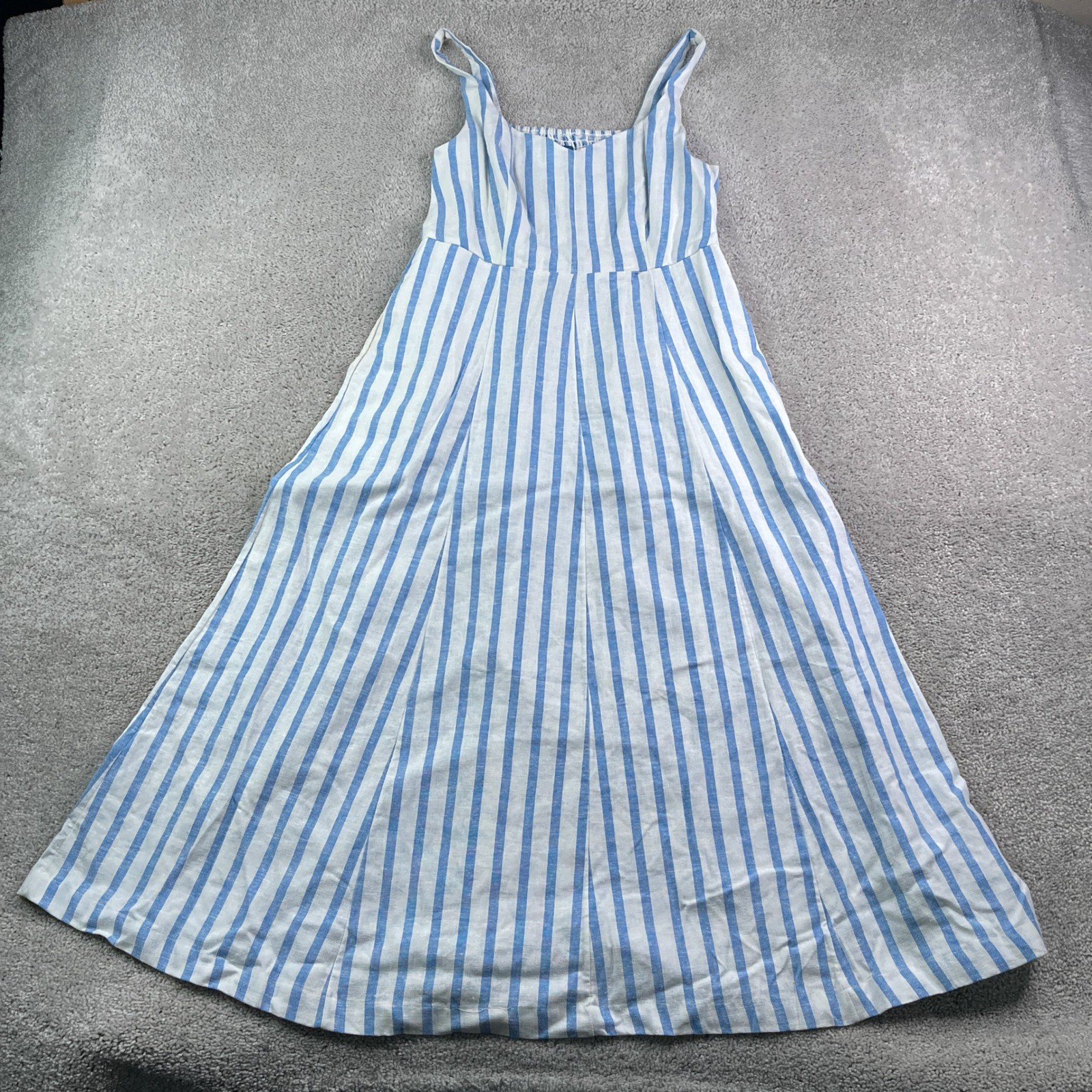 Old Navy Dress Women Small Blue White Striped Notch Neck Linen Blend Midi Summer