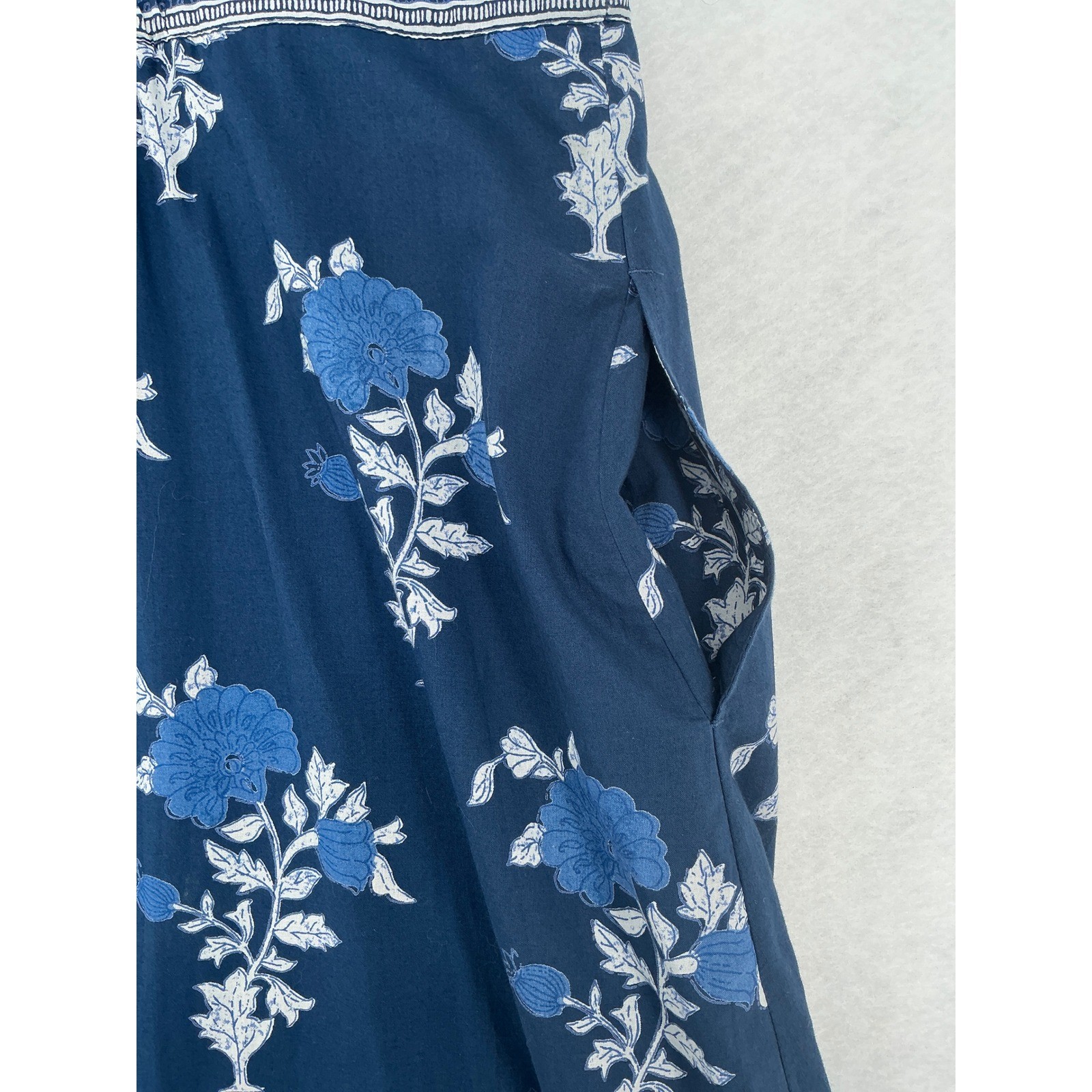 Pure Jill Maxi Dress Womens Medium Blue Floral Cotton Block Print Boho Pockets
