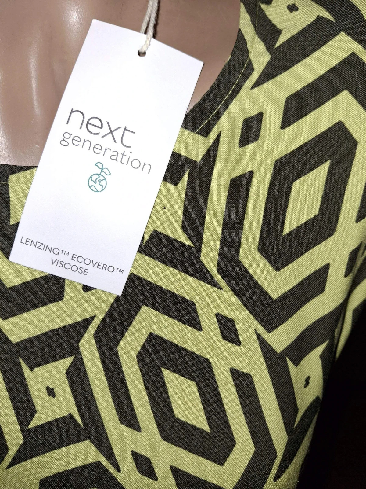 NWT Next Generation Olive Green Geometric Viscose Midi Dress Drop Waist Size UK