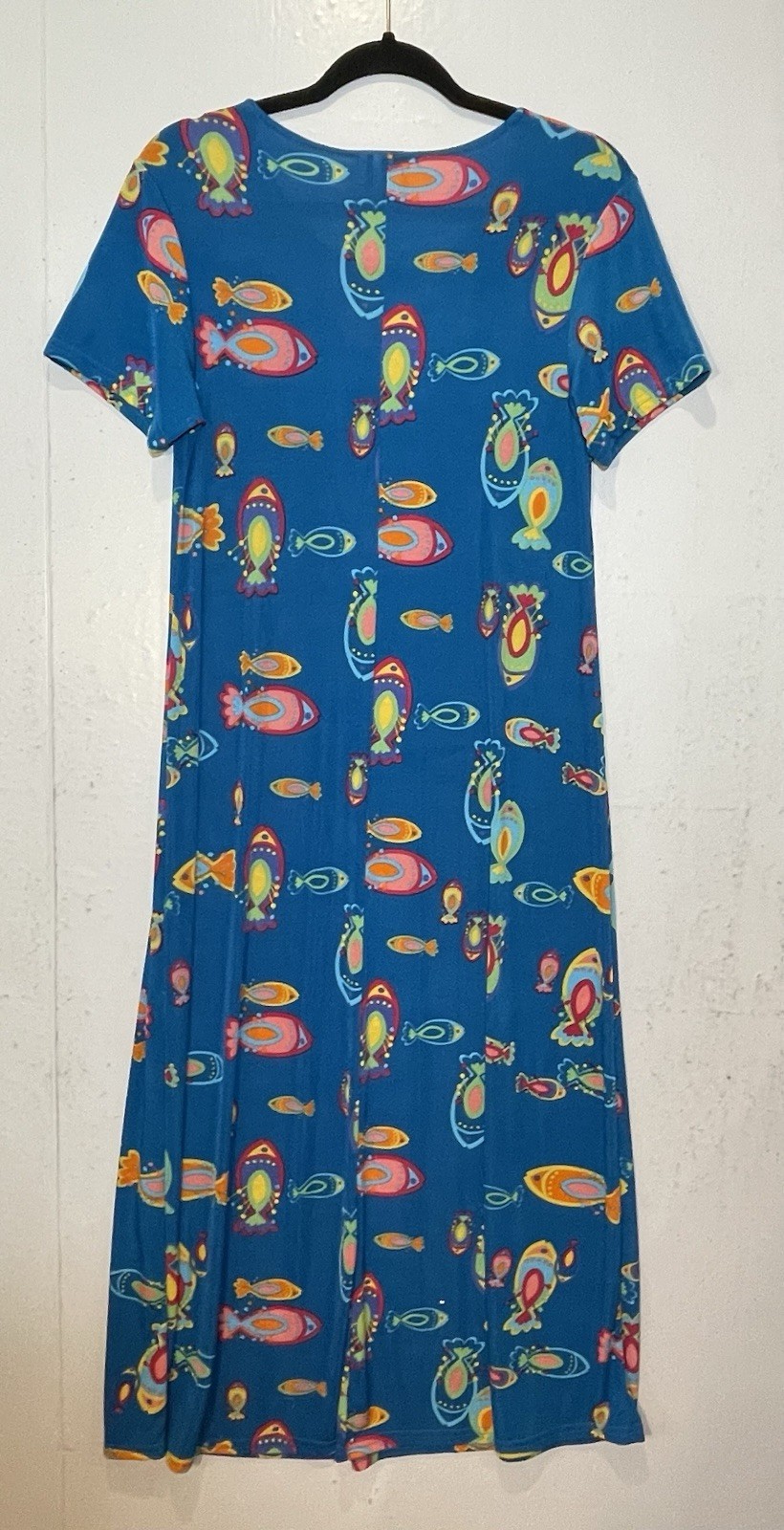 Vintage MaxiMa Blue Fish Print Maxi Dress Size S Colorful Artsy Stretch Knit