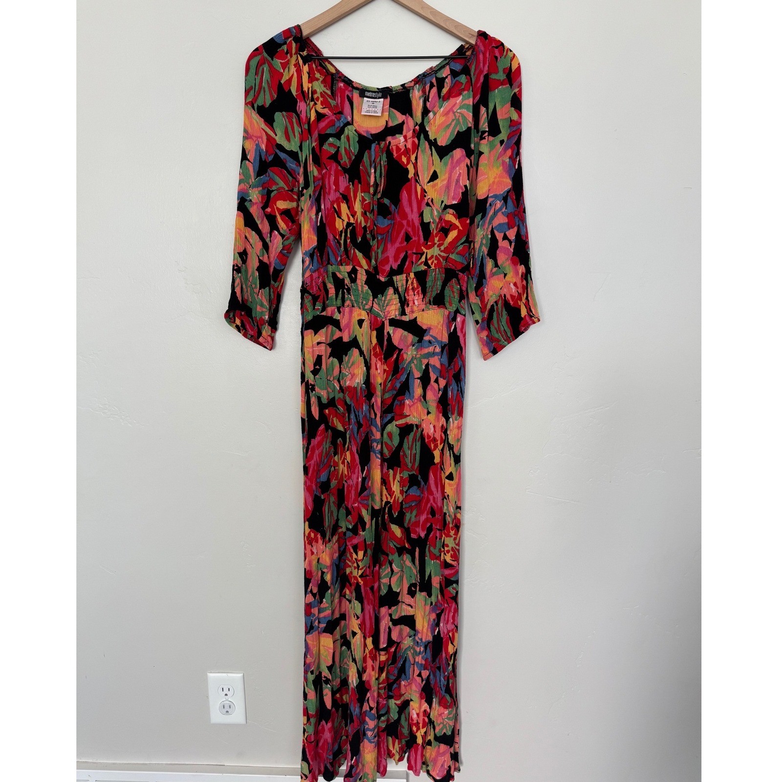 Metrostyle Tropical Print Maxi Dress Beach Resort Smocked Waist Rayon Boho Large