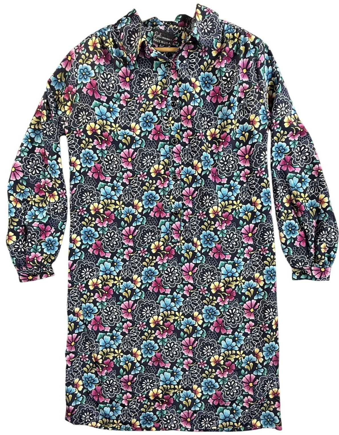 Vintage Breli Originals Shirt Dress Womens Large Multicolor Floral Made USA 80s