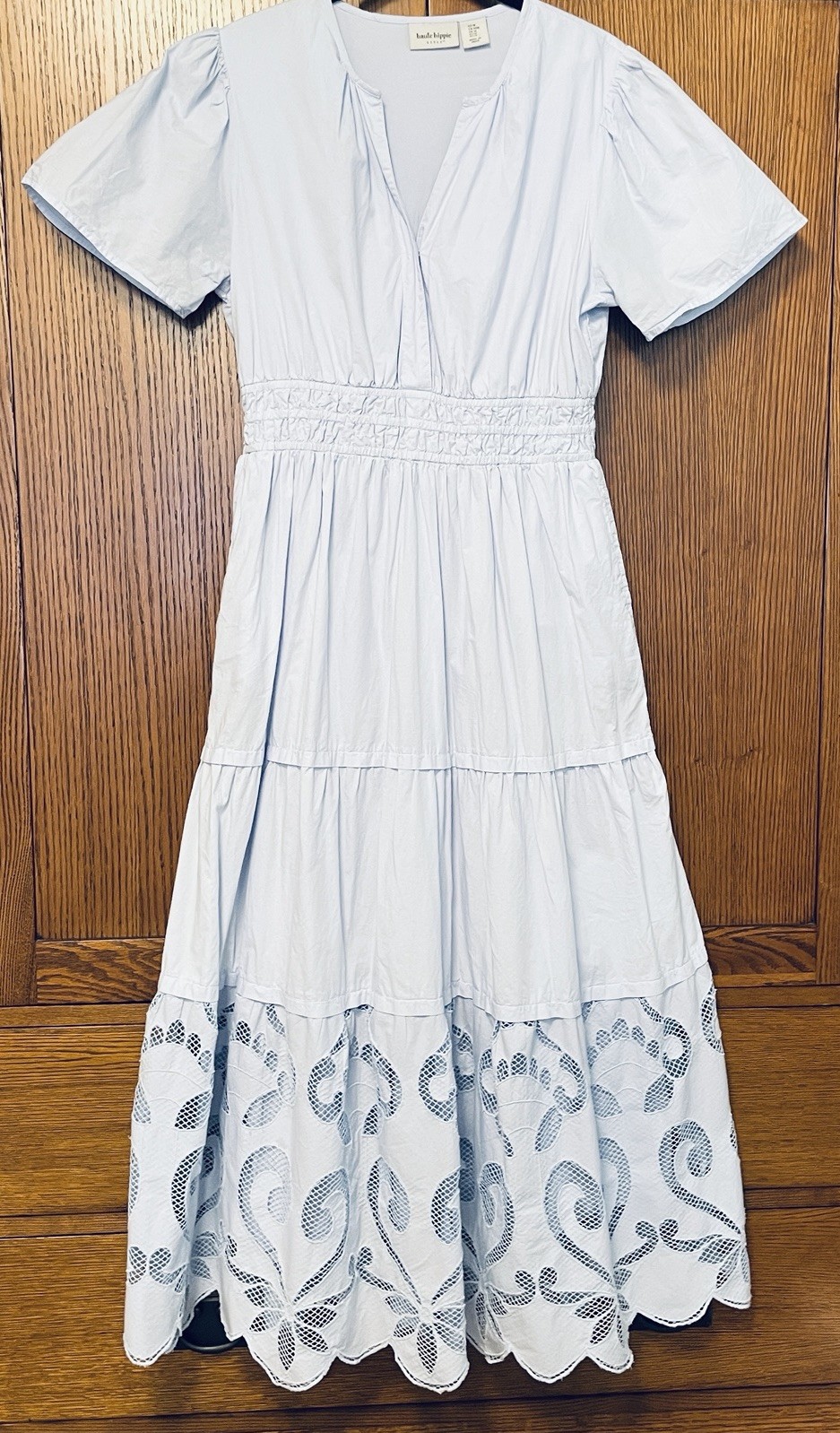 Haute Hippie Dress Women’s Med Pale Blue Smocked Waist Tiered Embroidery Cutouts