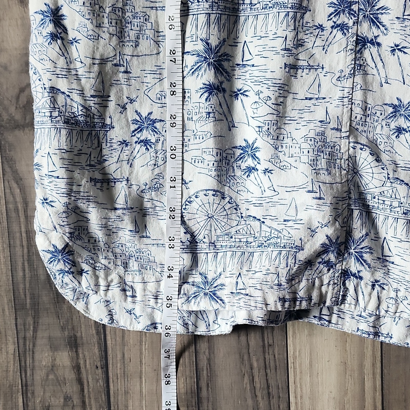 Old Navy White Blue Scenic V-Neck Sundress Knee Length Cotton Rayon M