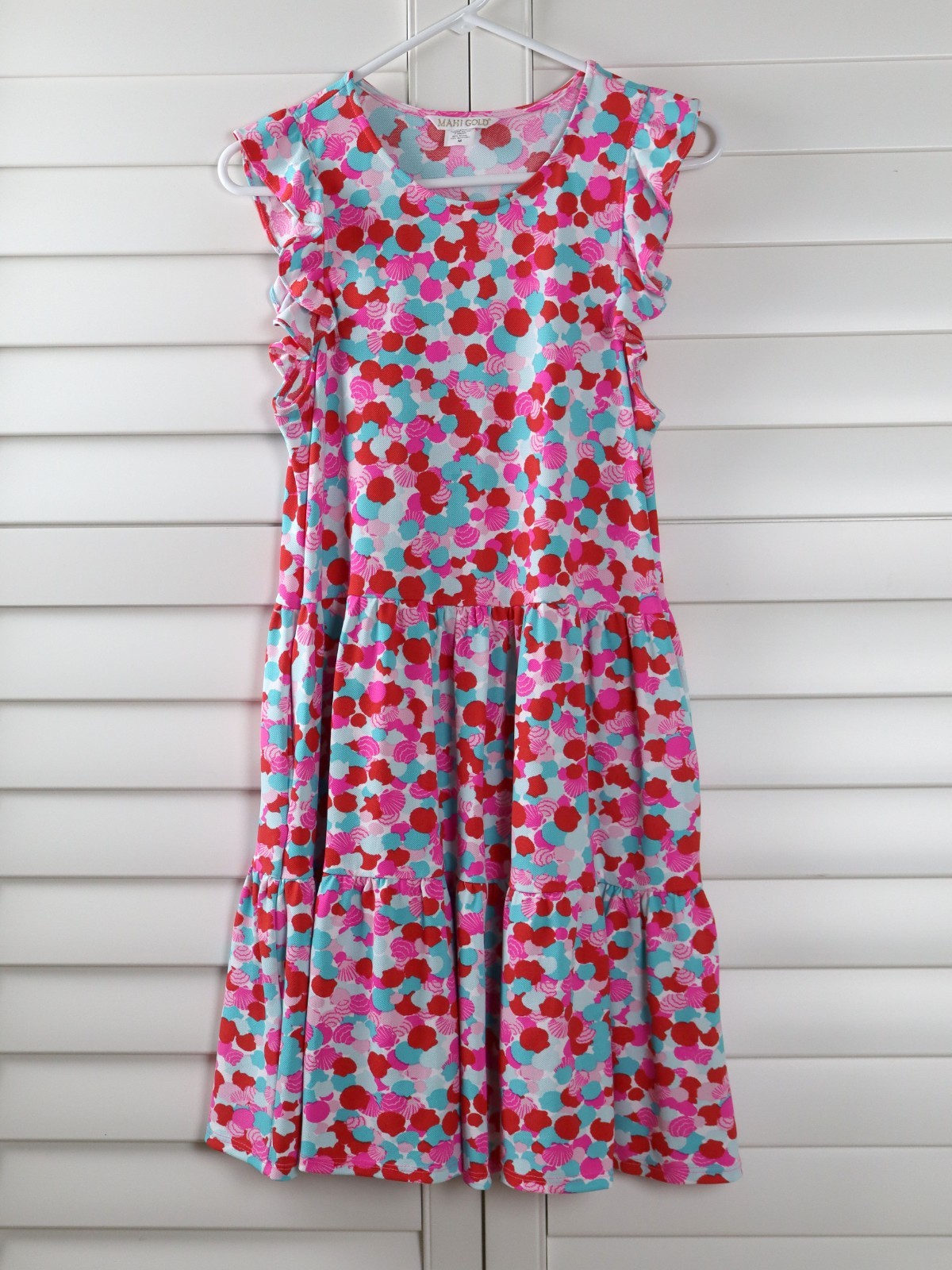 MAHI GOLD $180 Textured Stretch Seashell Shell Print Ruffle Dress Size Medium